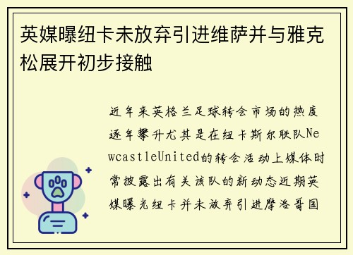英媒曝纽卡未放弃引进维萨并与雅克松展开初步接触