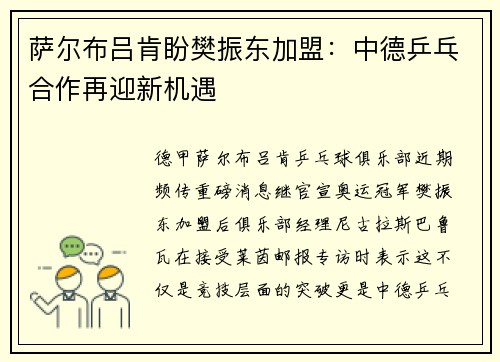 萨尔布吕肯盼樊振东加盟：中德乒乓合作再迎新机遇