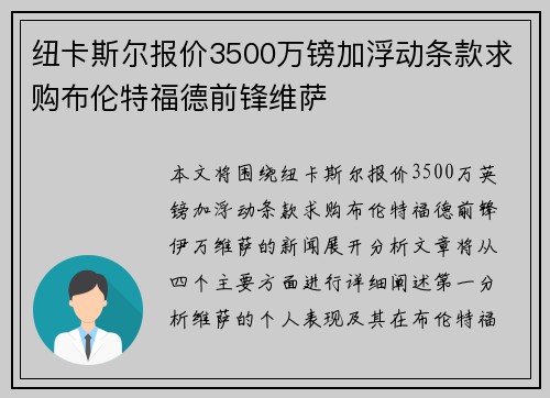 纽卡斯尔报价3500万镑加浮动条款求购布伦特福德前锋维萨